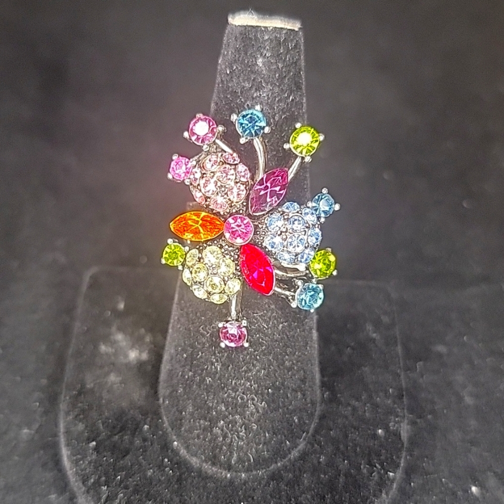 Floral Brooch Crystal Ring